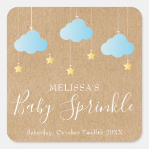 Pegatina Cuadrada Rústico kraft melliza la ducha de bebé azul