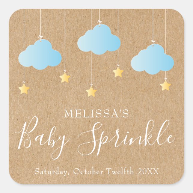 Pegatina Cuadrada Rústico kraft melliza la ducha de bebé azul (Anverso)