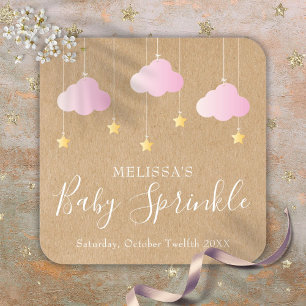 Pegatina Cuadrada Rústico Kraft Twinkle Sprinkle Baby Shower Pink