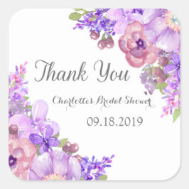 Pegatina Cuadrada Rústico Lilac Púrpura Floral Bridal Shower Etiquet