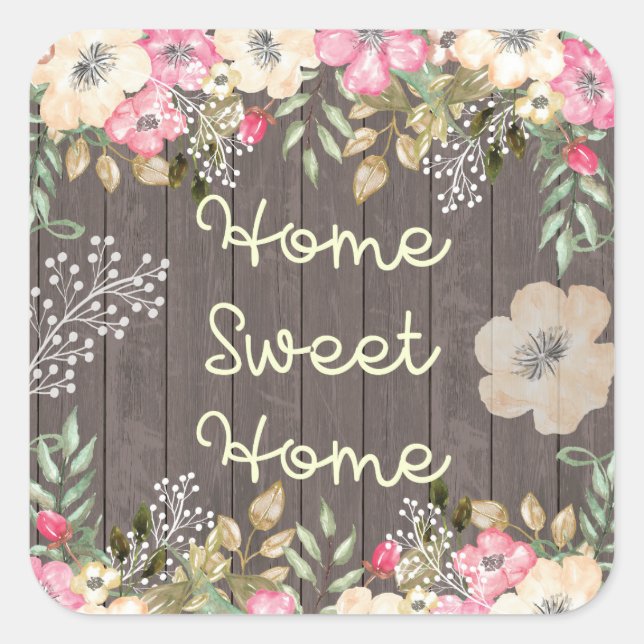 Pegatina Cuadrada Rústico look Home Sweet Home Floral Wood (Anverso)