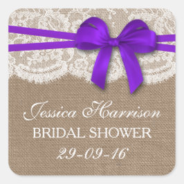 Pegatina Cuadrada Rústico Morado, Burlap & Lace Bridal Shower