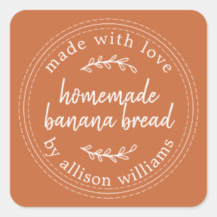 Pegatina Cuadrada Rústico Naranja de quemado de pan bananero casero