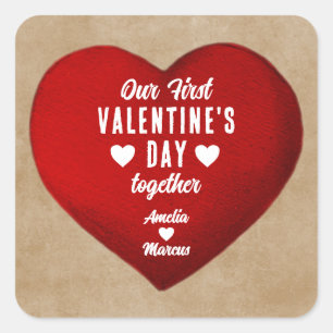 Pegatina Cuadrada Rústico nuestro primer El día de San Valentín junt