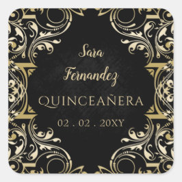 Pegatina Cuadrada Rústico Oro Negro Elegante Quinceanera