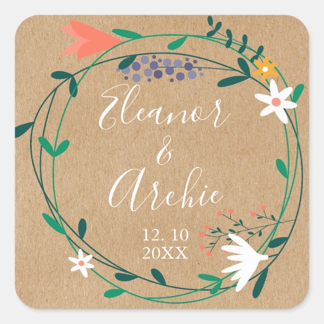 Pegatina Cuadrada Rústico país Floral Garland Wedding Favor (Anverso)