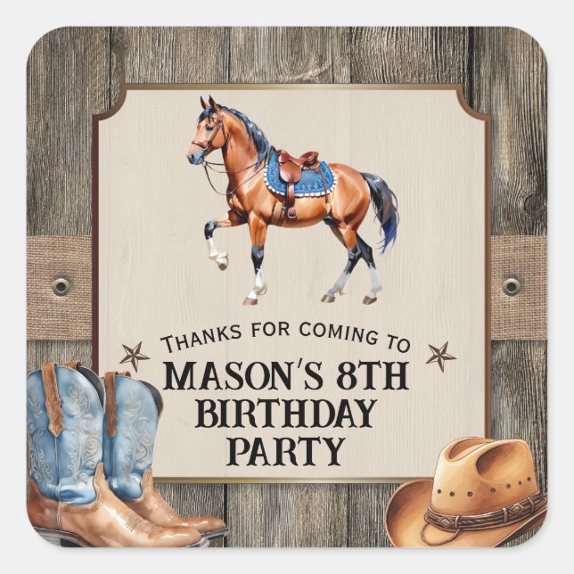 Pegatina Cuadrada Rústico partido del cumpleaños de Cowboy Horseback (Anverso)