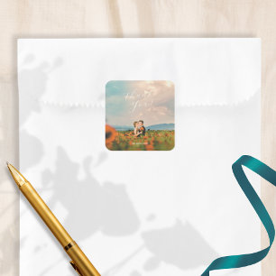 Pegatina Cuadrada Rústico Simple Azul Amarillo Poppies Acuarela