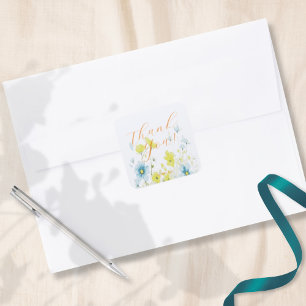 Pegatina Cuadrada Rústico Simple Azul Amarillo Poppies Acuarela