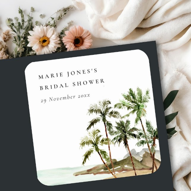 Pegatina Cuadrada Rústico Tropical Palm Tree Beach Sand Bridal Showe (Subido por el creador)