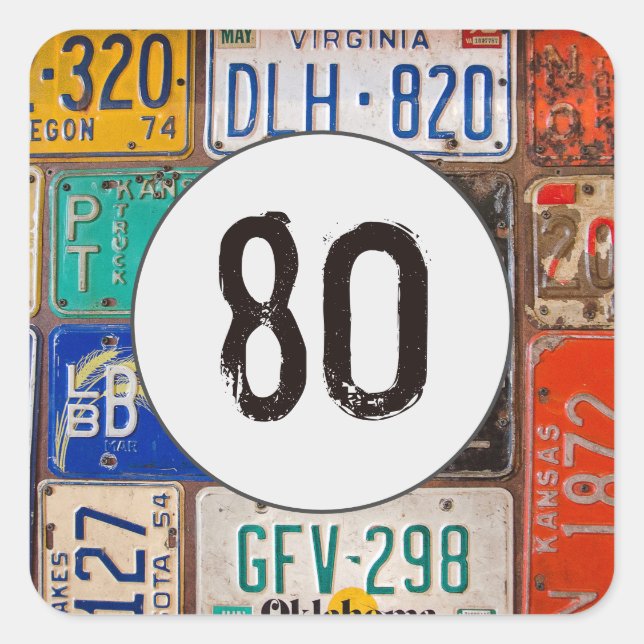 Pegatina Cuadrada Rusty License Plates 80th Birthday (Anverso)