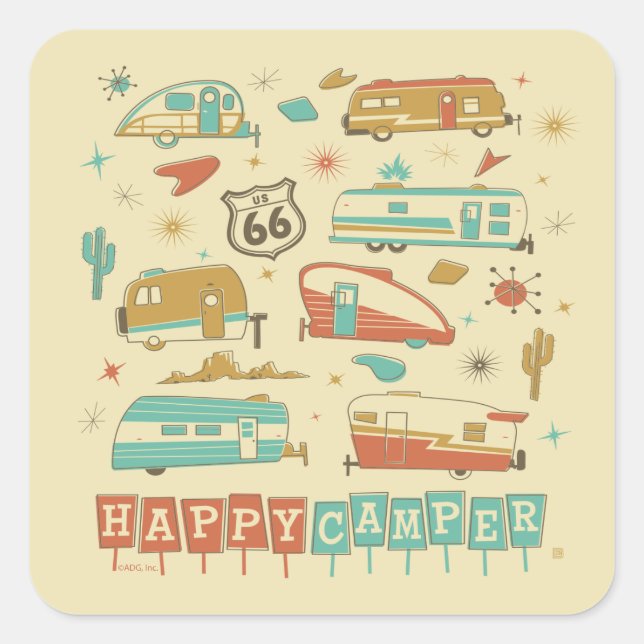 Pegatina Cuadrada Ruta 66 Feliz Camper (Anverso)