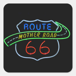 Pegatina Cuadrada Ruta 66, La carretera madre, Rótulo neón