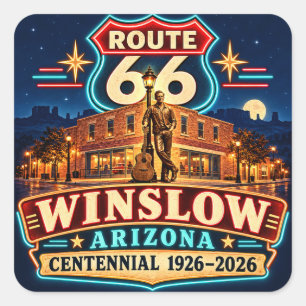 Pegatina Cuadrada Ruta 66 Winslow Arizona Centenario Noches de Neón