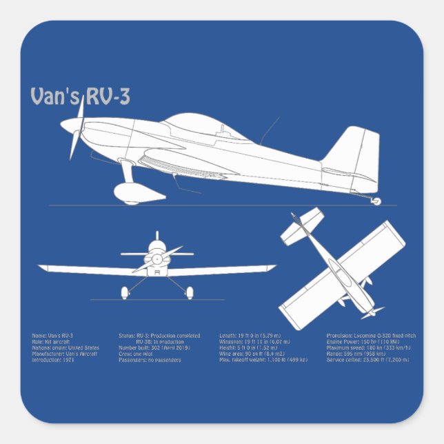 Pegatina Cuadrada RV-3 de Van - Planes de diseño aéreo ABD (Anverso)