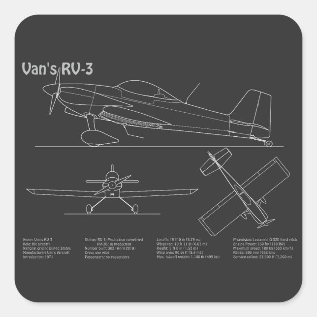 Pegatina Cuadrada RV-3 de Van - Planes de diseño aéreo PD (Anverso)