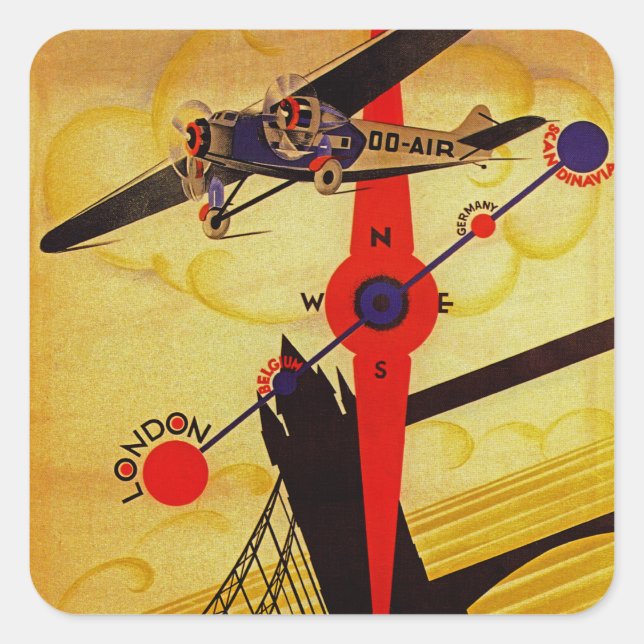 Pegatina Cuadrada Sabena Art Deco Compass (Anverso)
