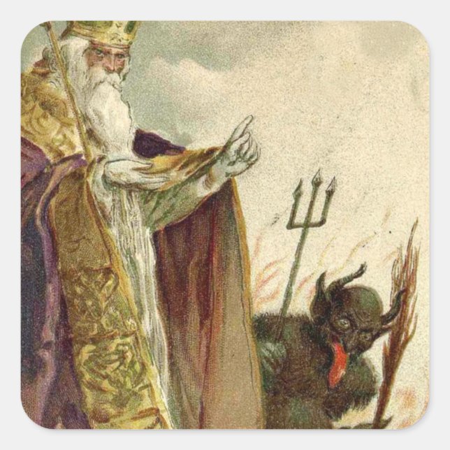 Pegatina Cuadrada Sacerdote de St Nicholas Krampus Pitchfork (Anverso)