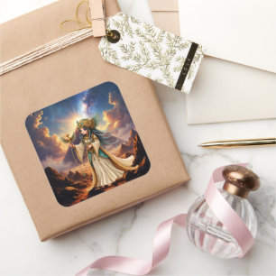 Pegatina Cuadrada Sacerdotisa Celestial de la Pirámide Dorada.
