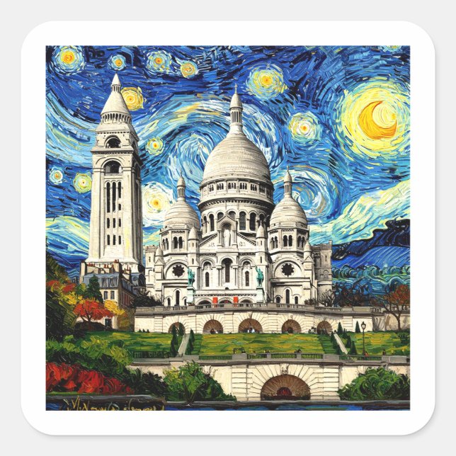 Pegatina Cuadrada Sacre-Coeur Paris France Starry Night (Anverso)