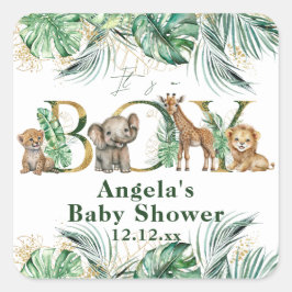 Pegatina Cuadrada Safari Animal Jungle Green & Gold boy Baby Shower