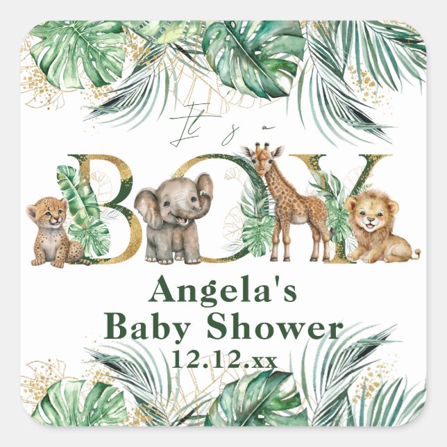 Pegatina Cuadrada Safari Animal Jungle Green & Gold boy Baby Shower (Anverso)
