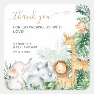 Pegatina Cuadrada Safari Baby Animals Green Baby Shower Gracias