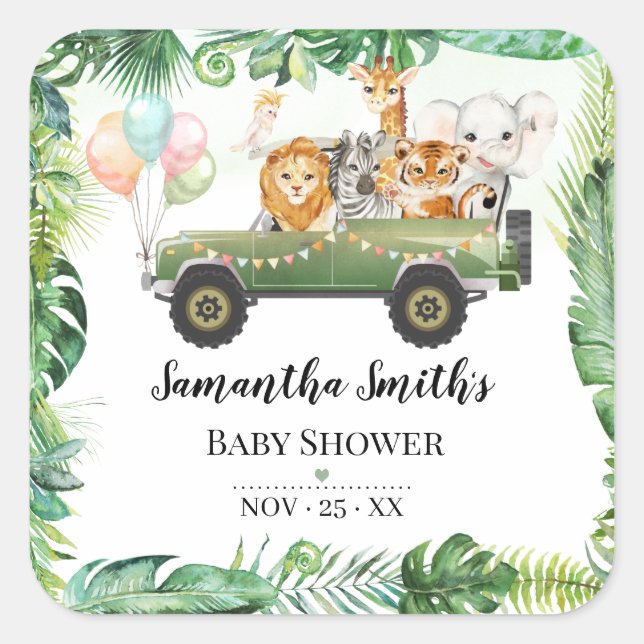 Pegatina Cuadrada Safari Baby Animals juntan Baby Shower tropical (Anverso)