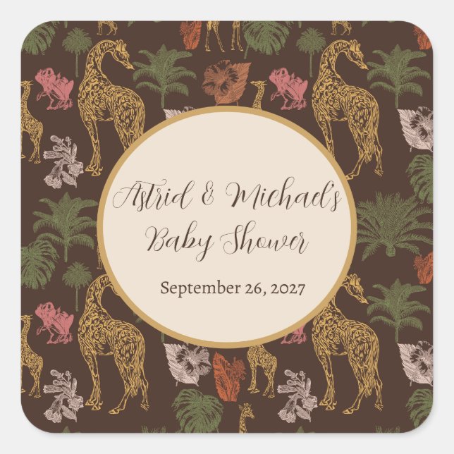 Pegatina Cuadrada Safari Giraffe & Palm deja el favor de Baby Shower (Anverso)