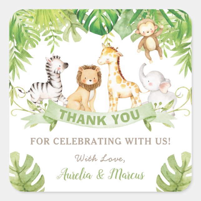 Pegatina Cuadrada Safari Jungle Animales Baby Shower Boy Green Fores (Anverso)