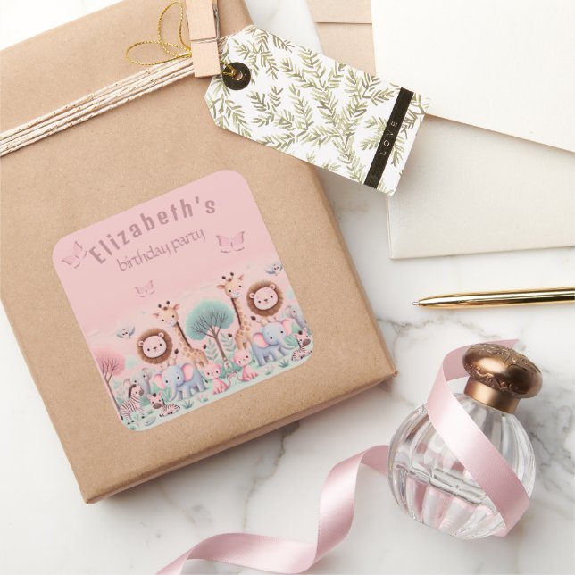 Pegatina Cuadrada Safari Pastel - Animales de jungla acuarela | (Regalar)