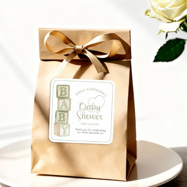Pegatina Cuadrada Sage Baby Blocks Baby Shower Favor Sticker (Baby Shower Sticker)