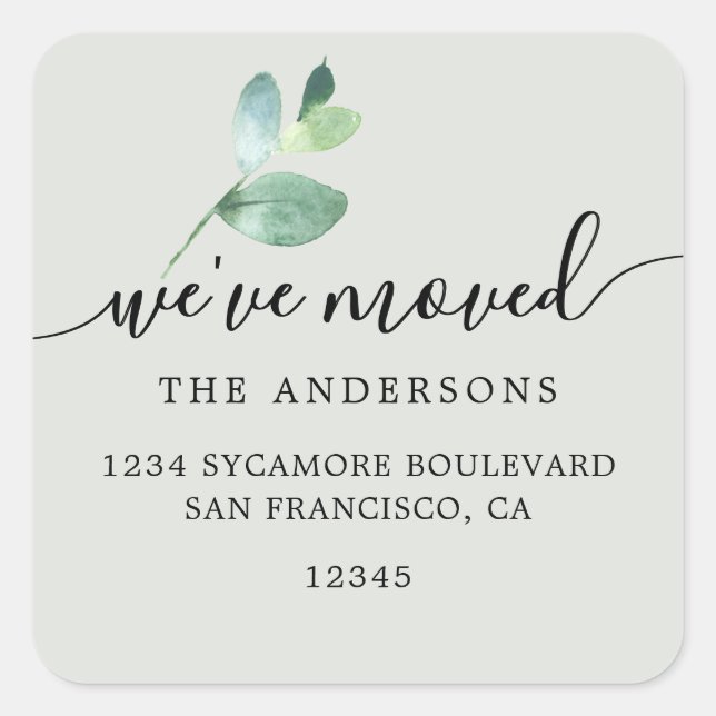 Pegatina Cuadrada Sage Eucalyptus We’ve Moved New Address Label (Anverso)
