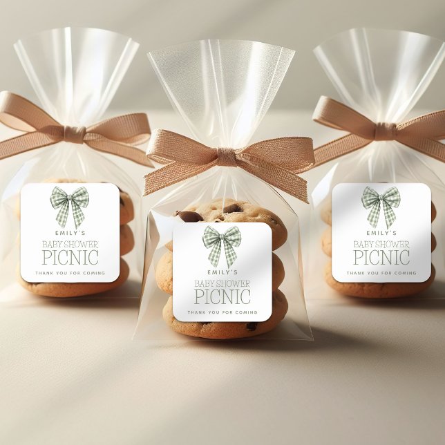 Pegatina Cuadrada Sage Gingham Bow Nombre Baby Shower Gracias (Subido por el creador)