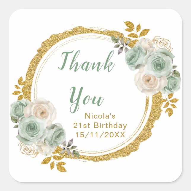 Pegatina Cuadrada Sage Green and Gold Elegant Flowers Birthday Party (Anverso)