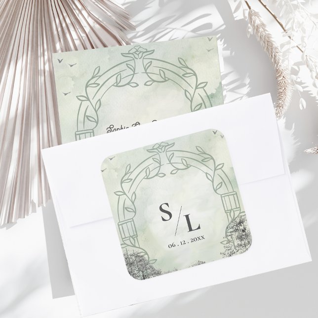 Pegatina Cuadrada Sage Green Arch Monogram Initials Wedding Envelope (Sage Green Monogram Wedding Envelope Seal | Botanical Arch Initials Sticker)