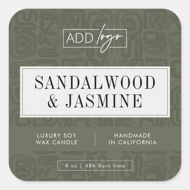 Pegatina Cuadrada Sage Green Bohemian Pattern Candle Jar Product (Anverso)