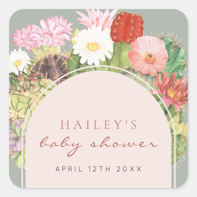 Pegatina Cuadrada Sage Green Boho Bloom Cactus Baby Shower (Anverso)