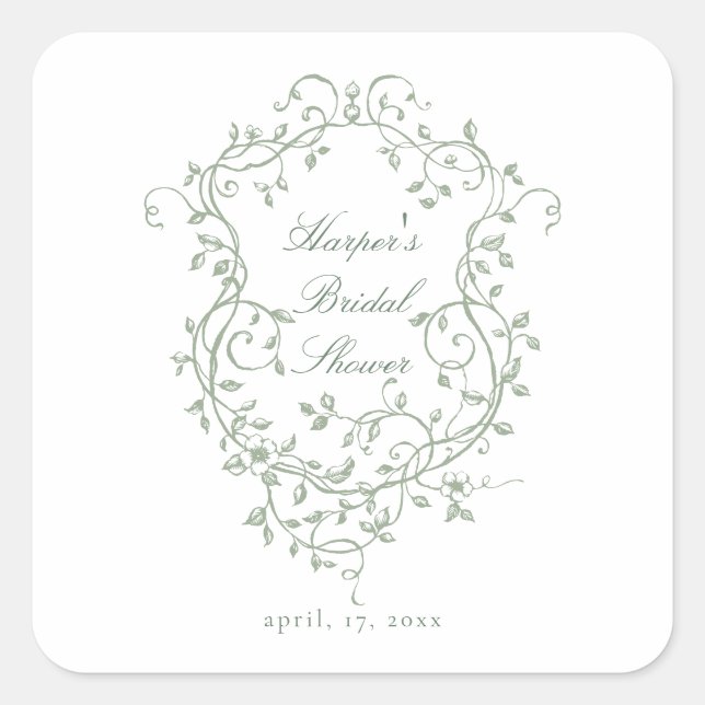 Pegatina Cuadrada Sage Green Classy French Victorian Bridal Shower (Anverso)