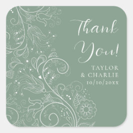 Pegatina Cuadrada Sage Green Elegant Floral Boda Gracias