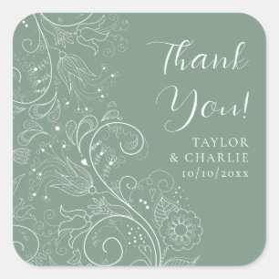 Pegatina Cuadrada Sage Green Elegant Floral Boda Gracias