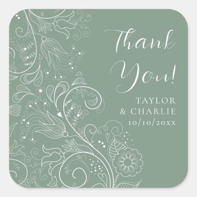 Pegatina Cuadrada Sage Green Elegant Floral Boda Gracias (Anverso)