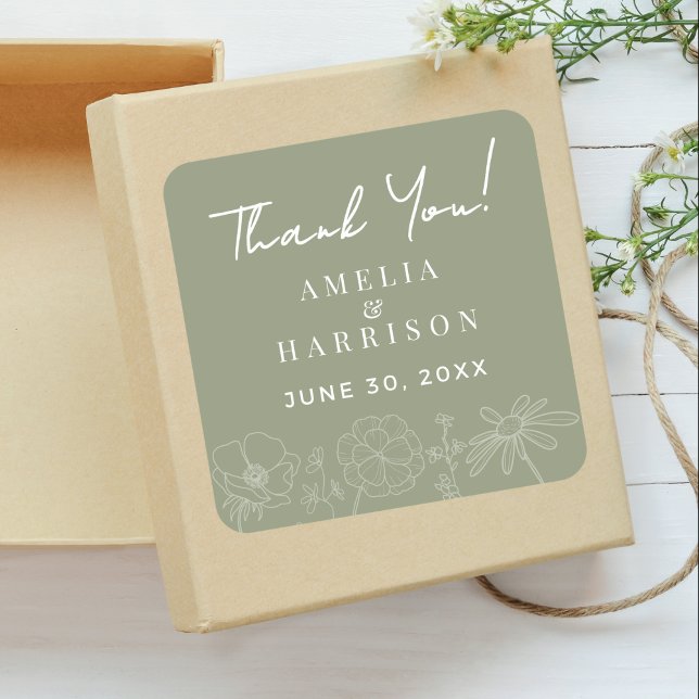 Pegatina Cuadrada Sage Green Elegant Floral Boda Gracias (Sage Green Elegant Floral Wedding Thank You Square Favor Sticker with Couple Names, Wedding Date.)