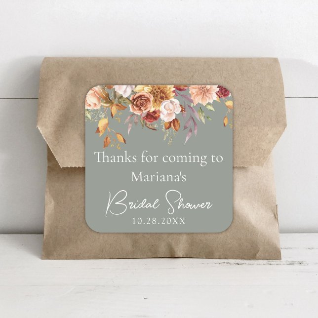 Pegatina Cuadrada Sage Green Fall Floral Bridal Shower Favor (Subido por el creador)