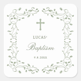 Pegatina Cuadrada Sage Green Foliage Frame Baptism