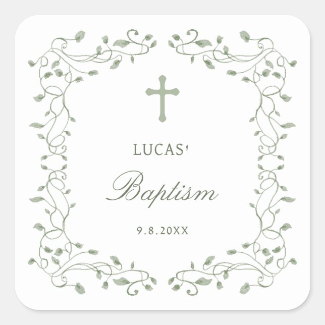 Pegatina Cuadrada Sage Green Foliage Frame Baptism (Anverso)
