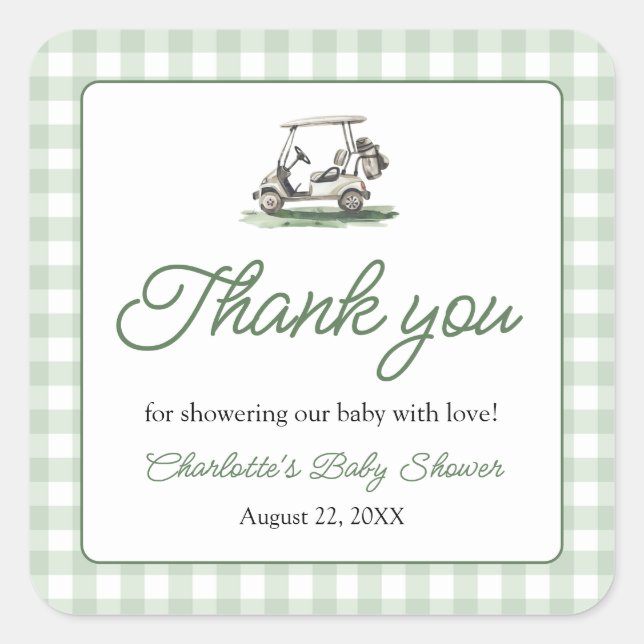 Pegatina Cuadrada Sage Green Frame Golf New to the Club Baby Shower (Anverso)