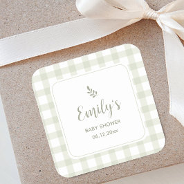 Pegatina Cuadrada Sage Green Gingham Baby Shower
