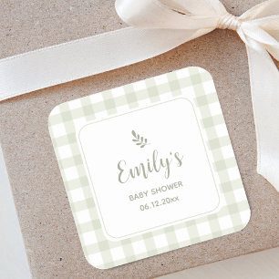 Pegatina Cuadrada Sage Green Gingham Baby Shower