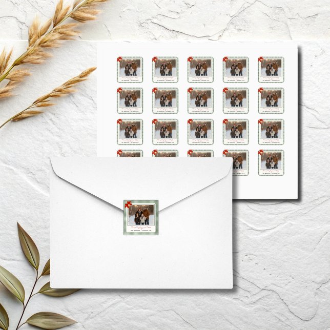 Pegatina Cuadrada Sage Green Gingham Plaid Photo Christmas (Green gingham plaid custom square Christmas photo stickers)